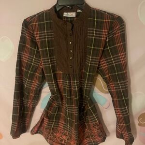 𝄞 brown & cora pink plaid blouse w ruffles, button-up, long sleeves shirt/dress